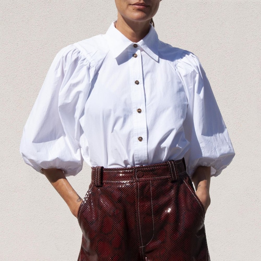 Ganni Cotton Poplin Puff Sleeve Button Down Size 2